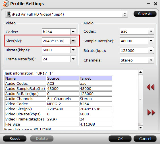 Adjust output file resolution for iPad Air 2