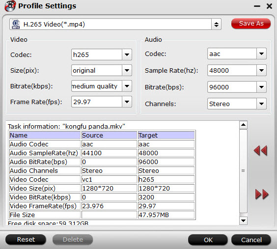 H.265 MP4 video settings