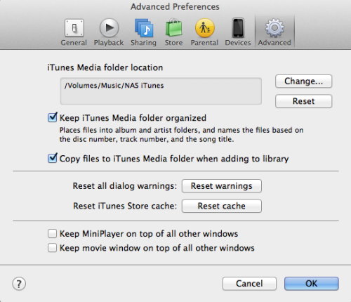 iTunes for NAS preferences