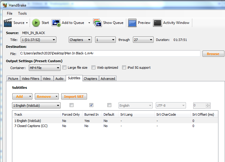 Handbrake add subtitles
