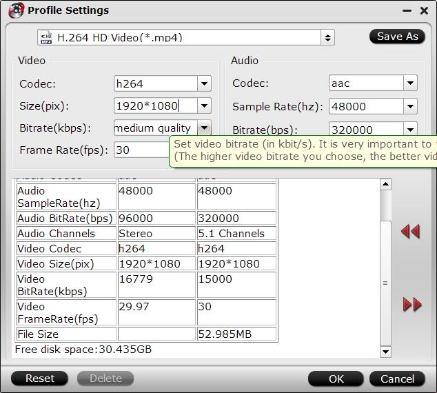 Adjust the profile parameters the same as MP4 file