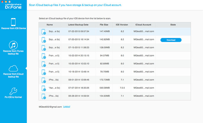 iCloud backup file displaying list