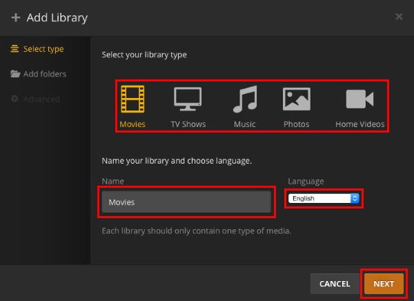 Select media library name and language