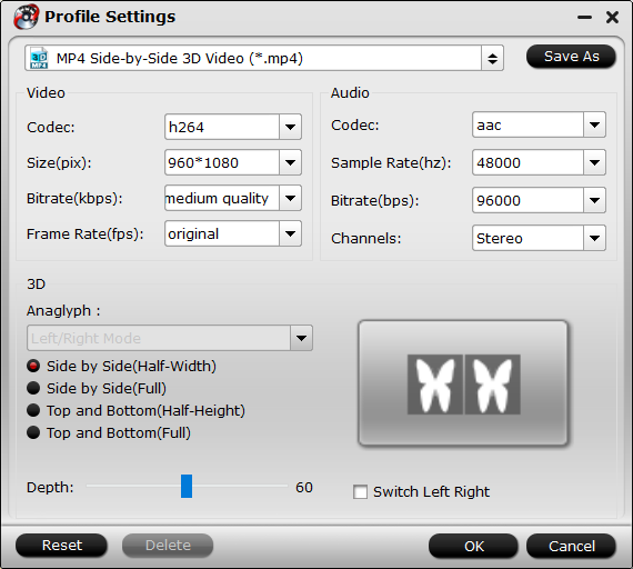 Customize output 3d video settings