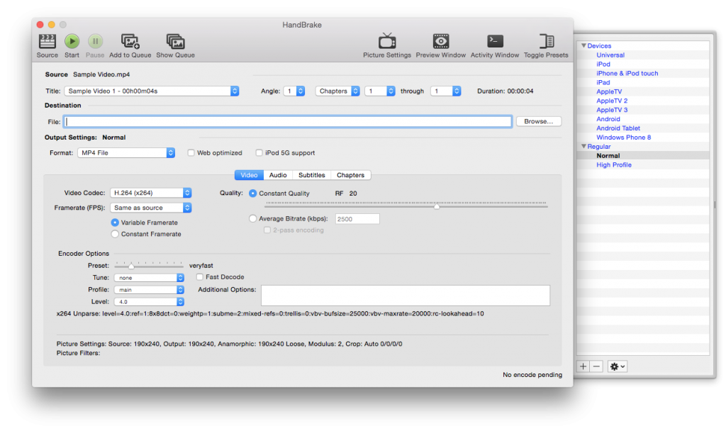 handbrake settings on mac