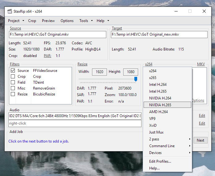 Change output video encoder