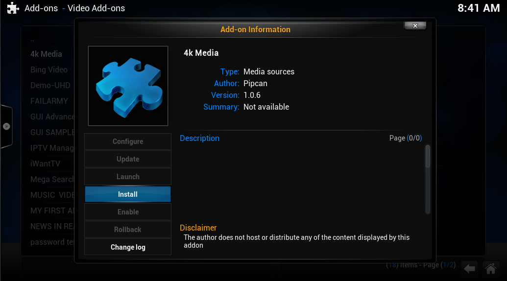 Install 4K media add-ons for Kodi