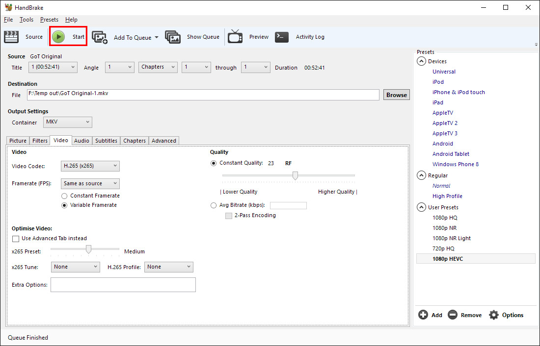 Start H.265 encoding process