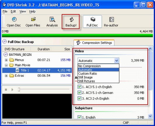 Select compression ratio and audio track