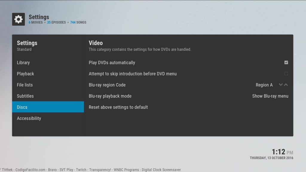 Kodi disc settings