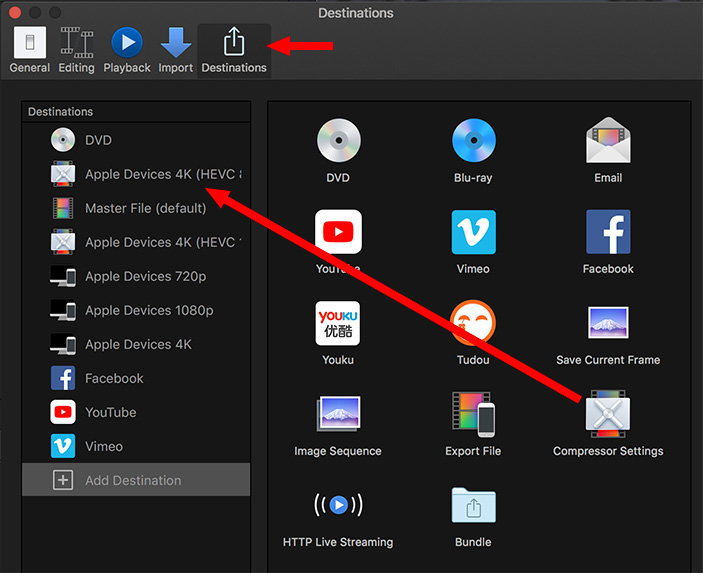 Add the HEVC settings using the Compressor Settings menu