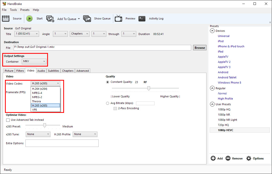 Best Handbrake 1.0.7 Settings for Encoding H.265/HEVC